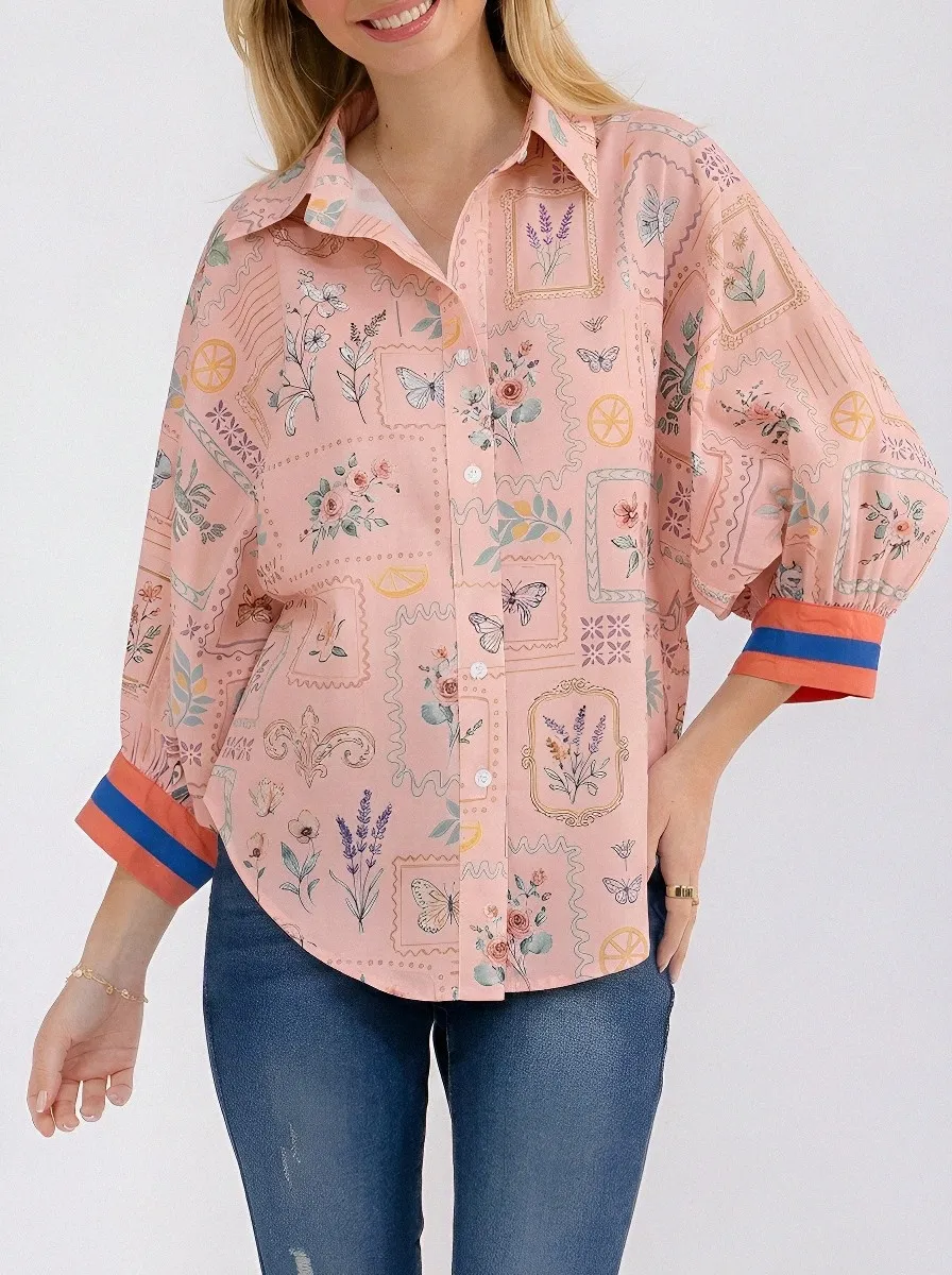 Women's Vintage Botanical Butterfly Stamp Printed Button-up Shirt