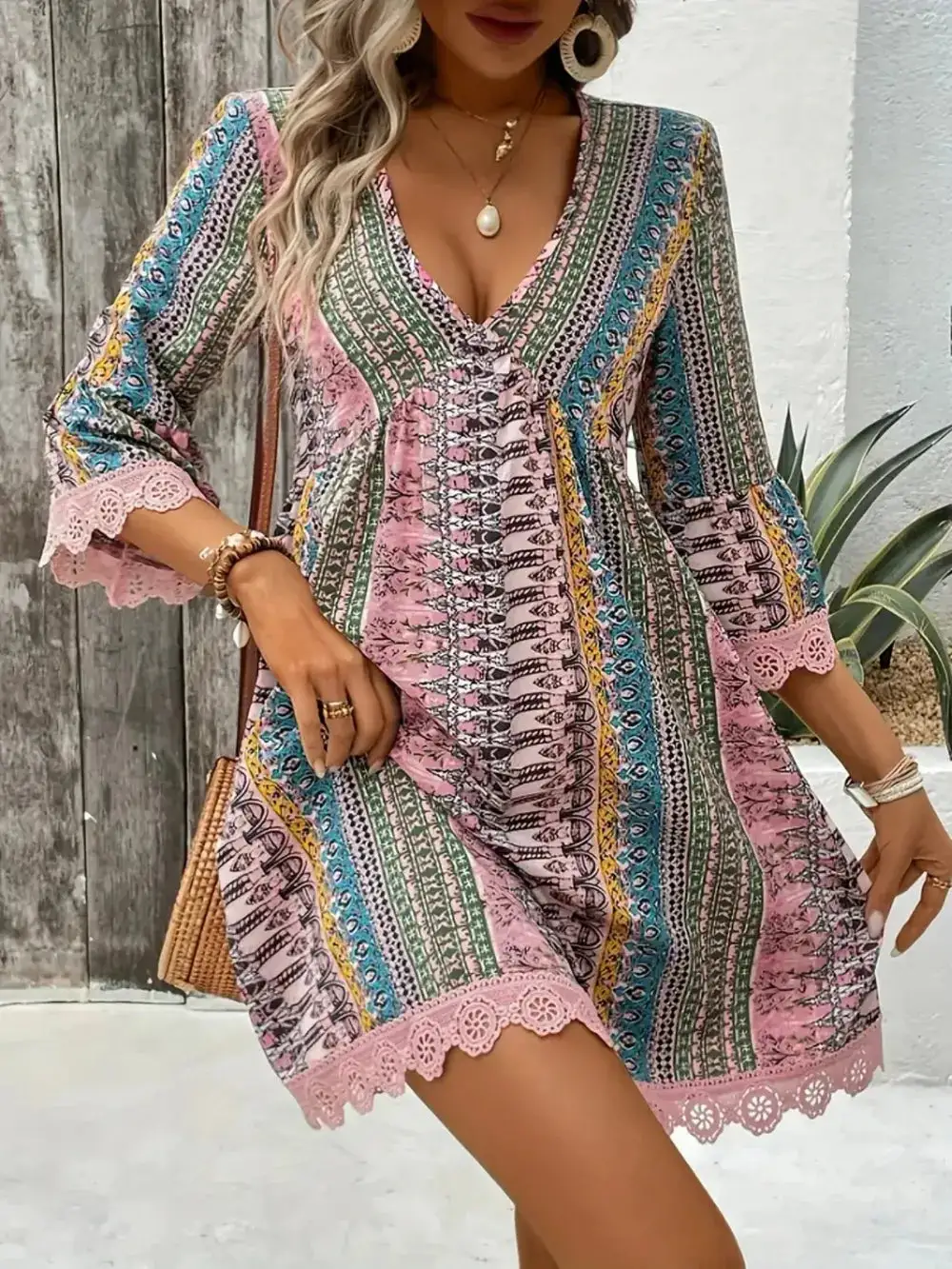 Lace Detail Printed Dress