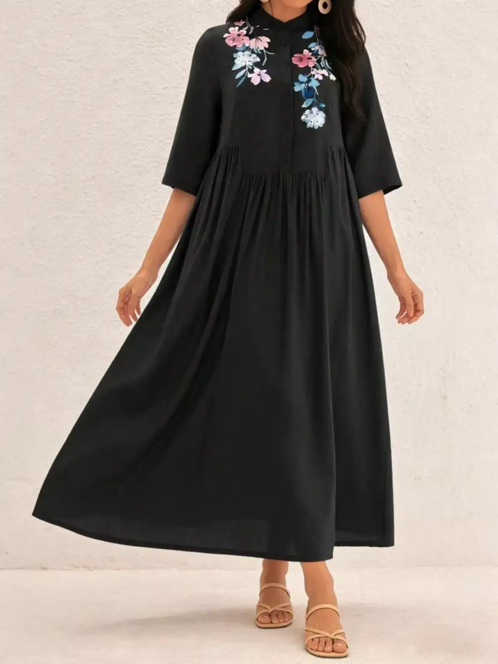 Embroidered Casual Midi Dress