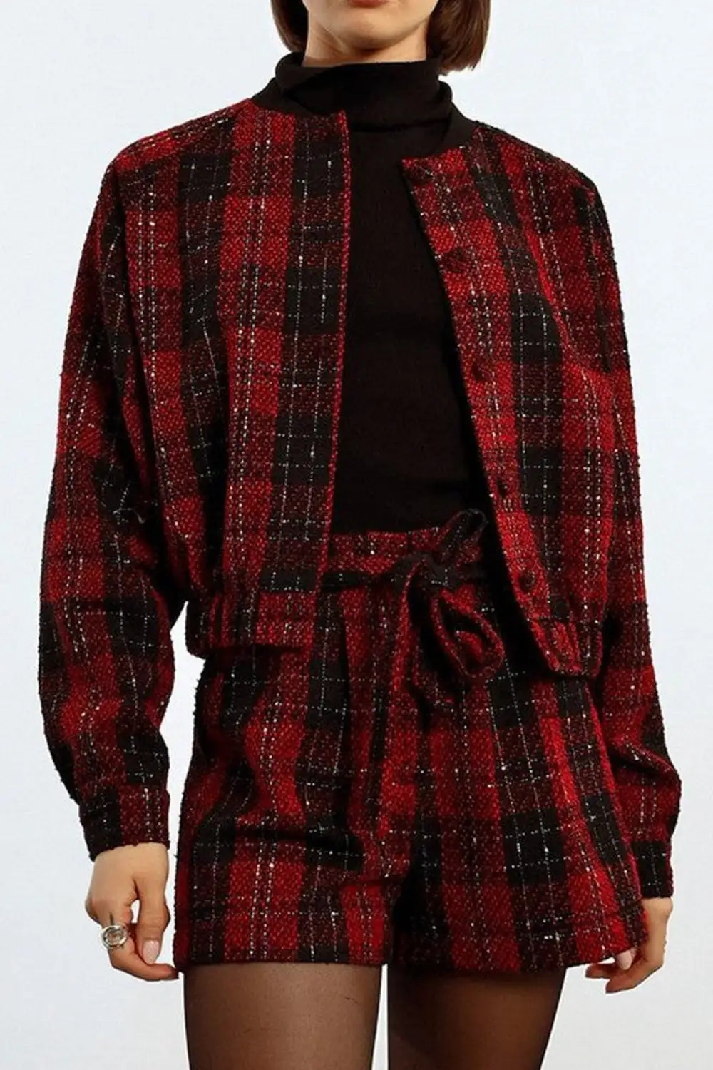 Plaid Ribbed Button Front Relaxed Jacket