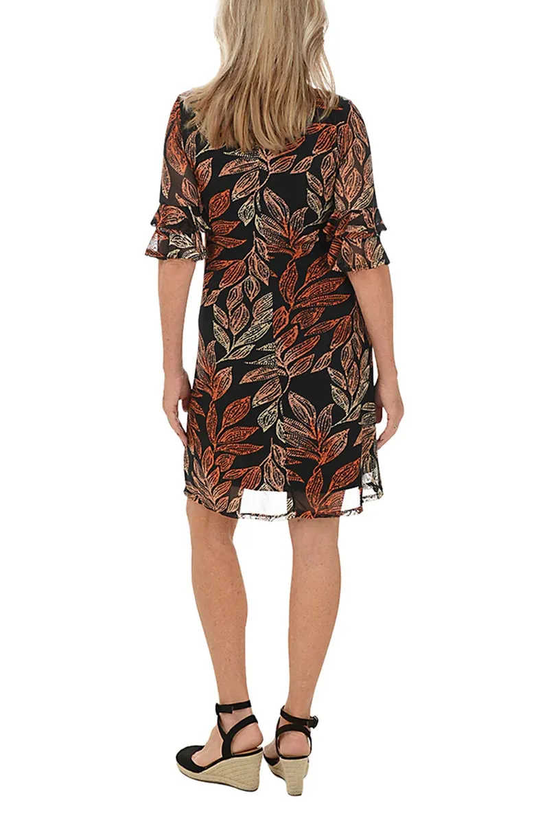 Leafy Mesh Overlay Ruffle Sleeve Dress