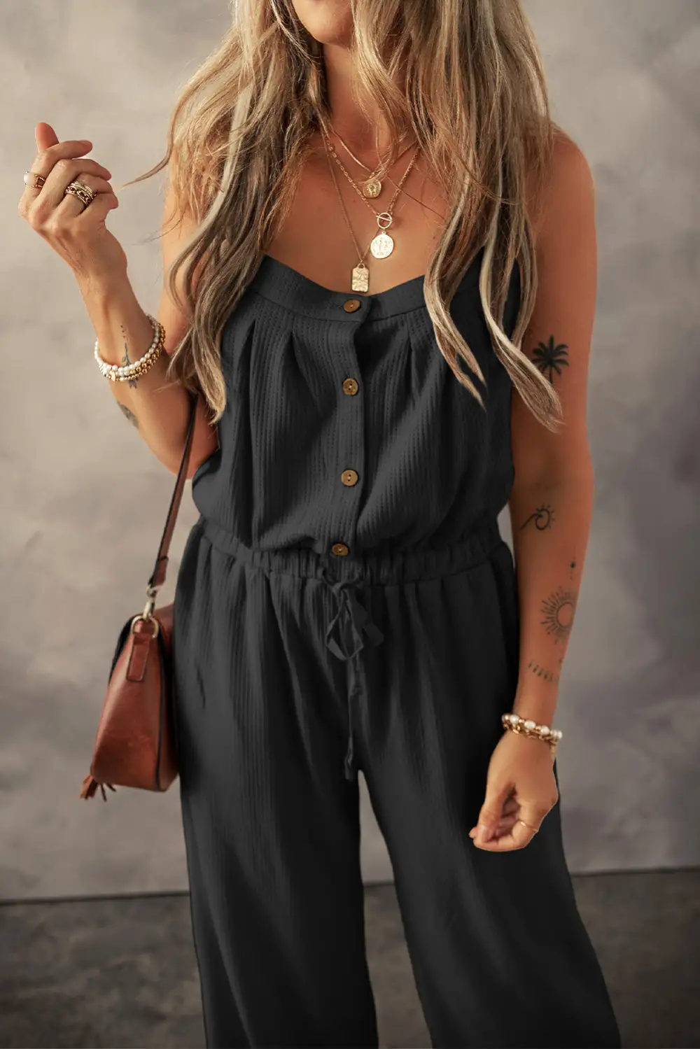 Knotted Straps Button Textured Drawstring Jumpsuit Accessory