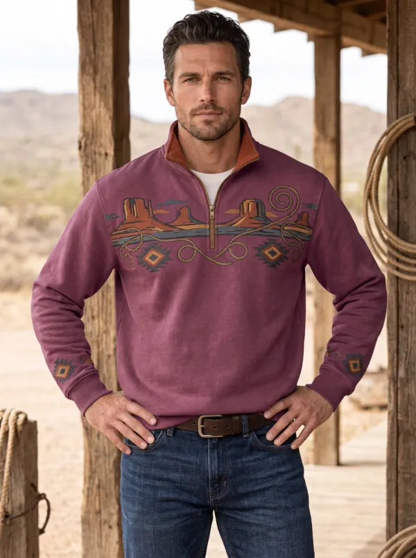 Men's Western Cowboy Desert Rope Half-Zip Sweatshirt