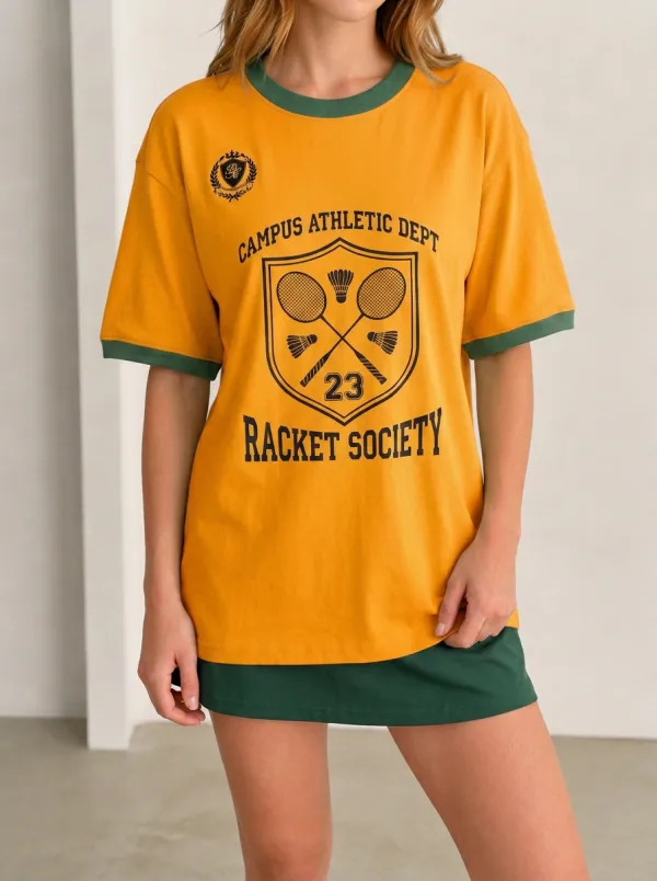 Women's Badminton Lover Campus Athletic Racket Society Printed T-shirt