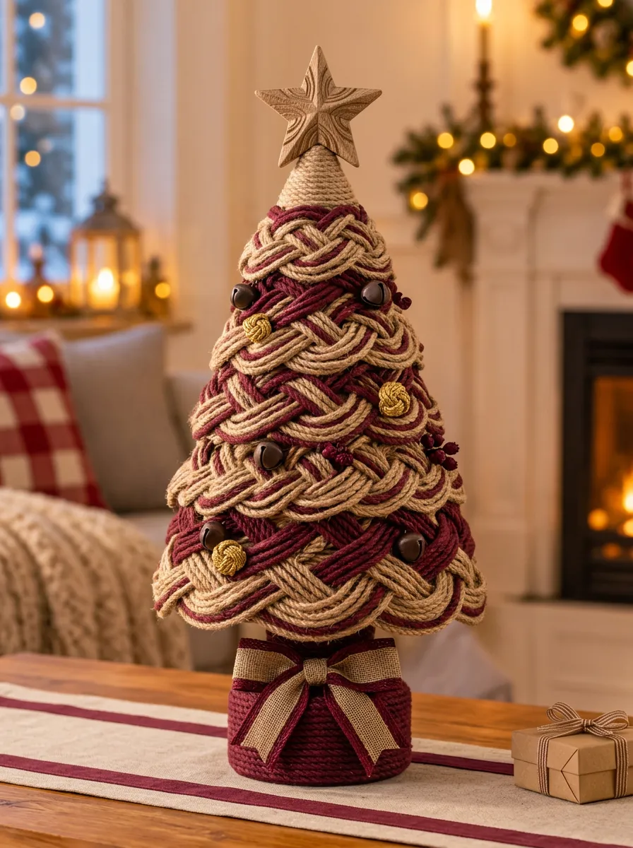 Braided Rope Burgundy Jute Star Christmas Tabletop Tree