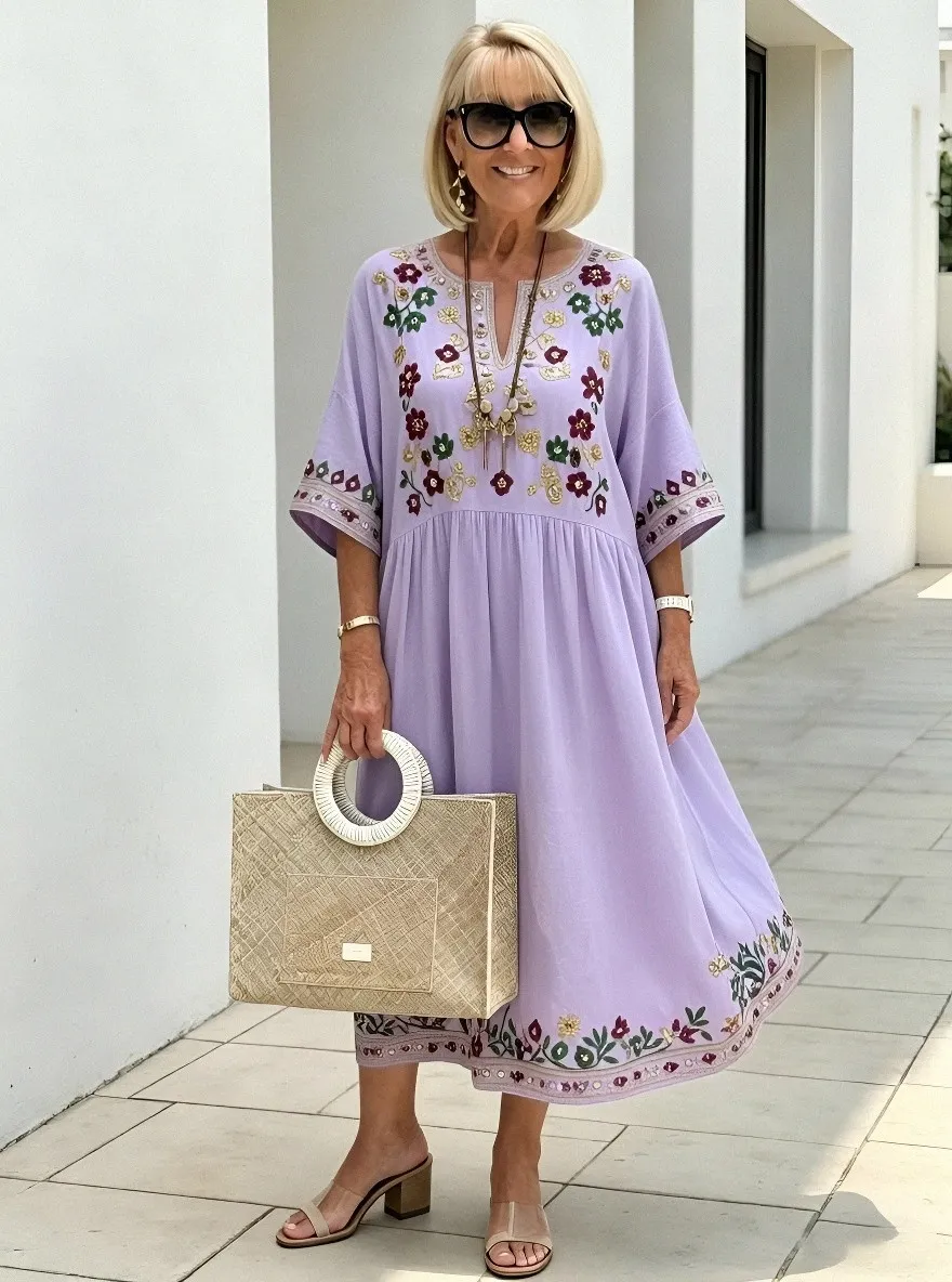 Women's Summer Vacation Boho Floral Embroidered Printed Dress