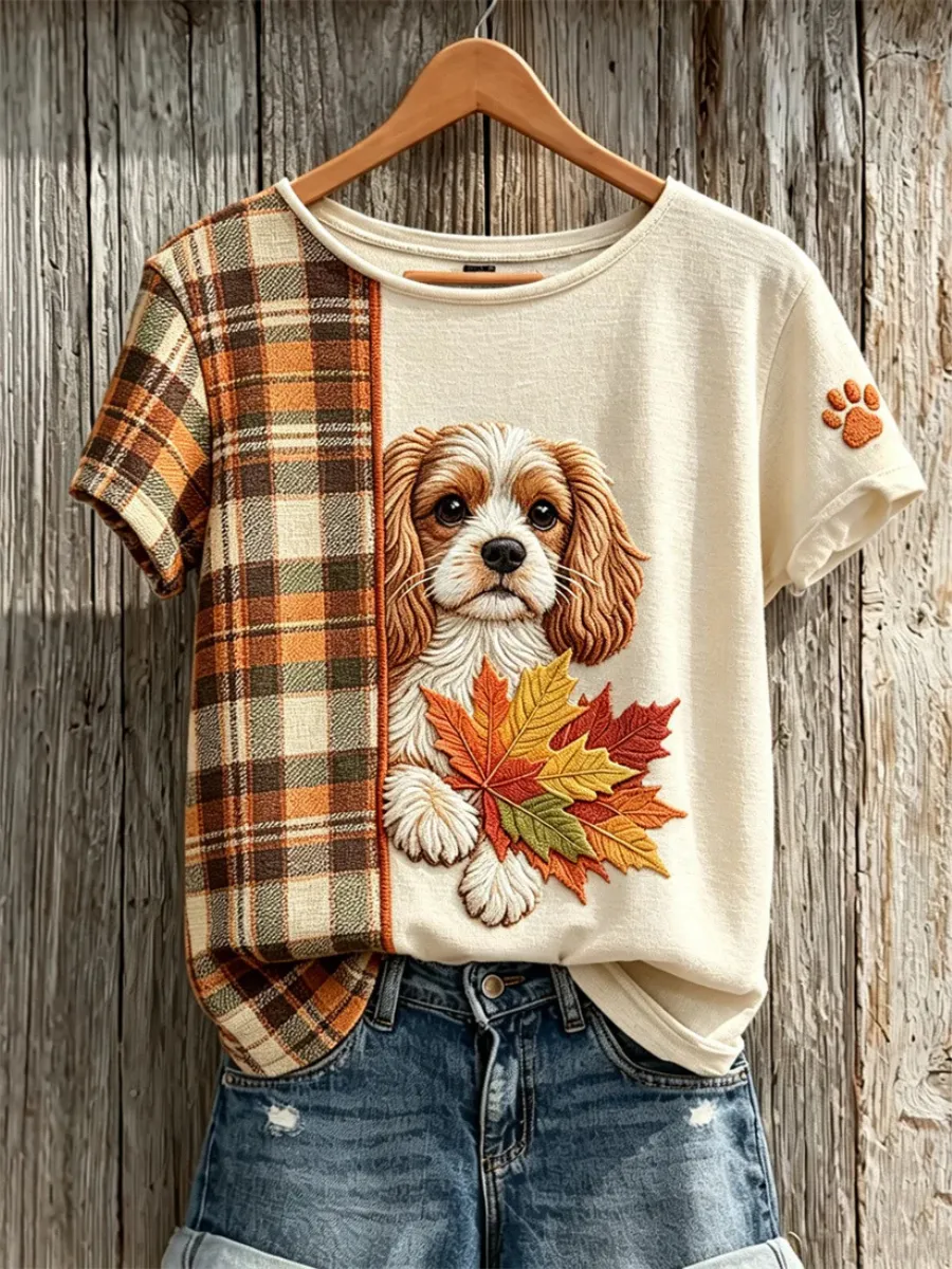 Women'S Cute Dog Art Printed Round Neck T-Shirt