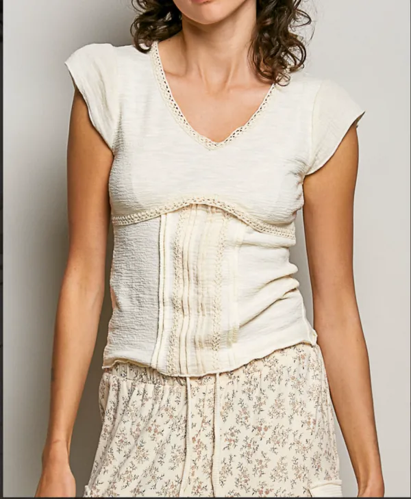 Crochet Trim V Neck Textured Knit Empire Top