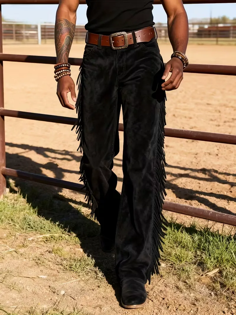 Men'S Retro Western Deerskin Velvet Fringed Wide Leg Pants