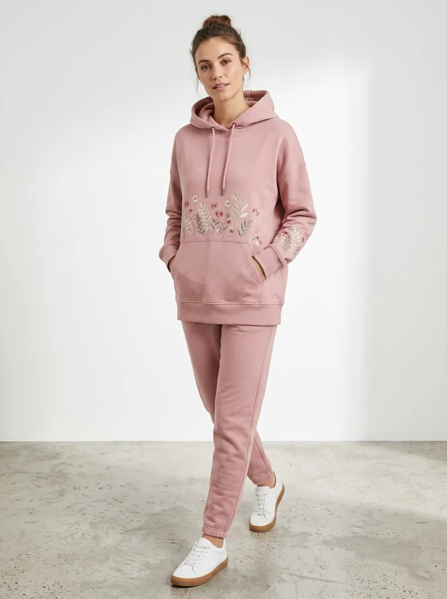 Women's Dusty Rose Floral Embroidered Kangaroo Pocket Hoodie