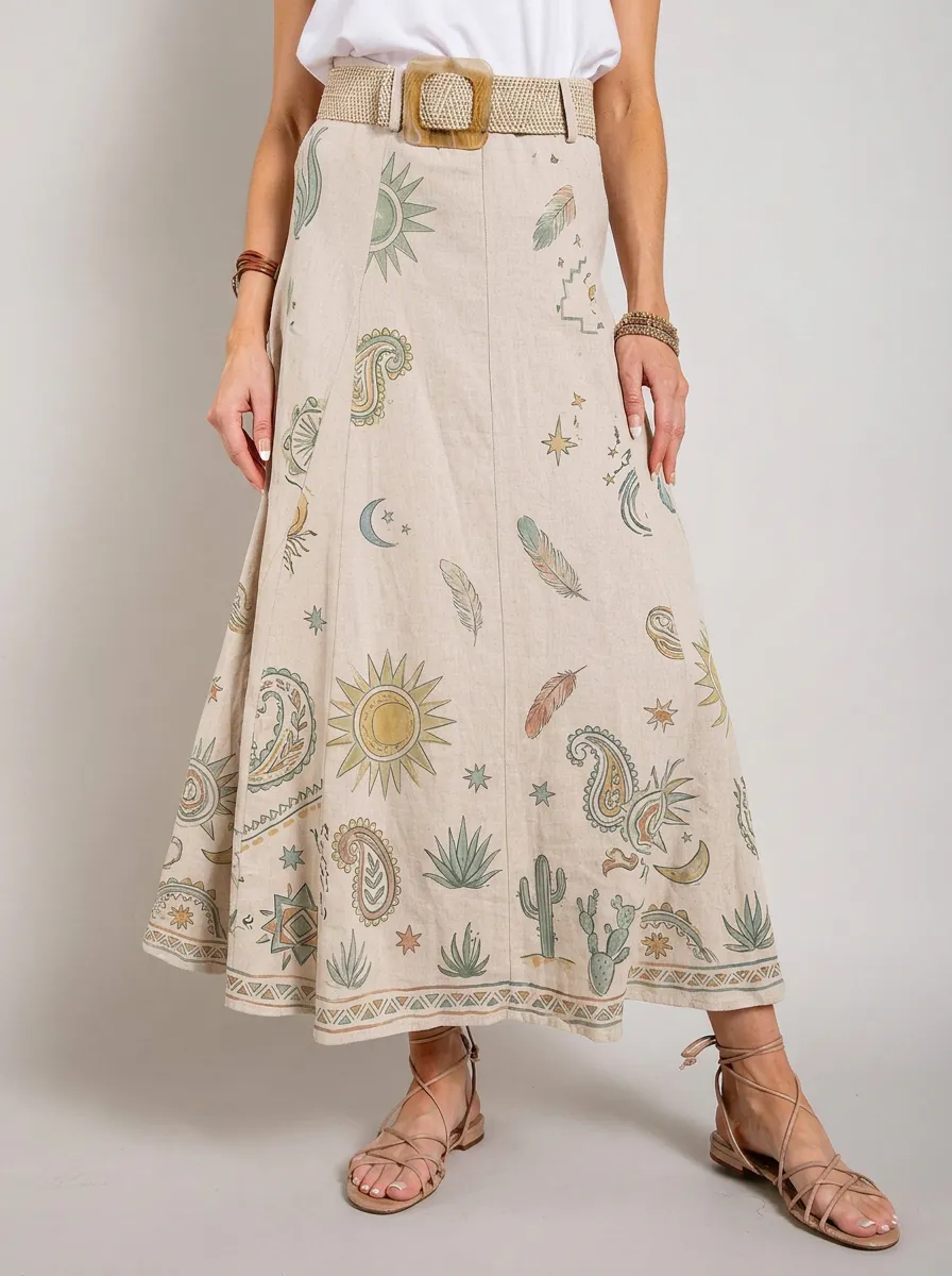 Women's Boho Celestial Cactus Paisley Printed Midi Skirt