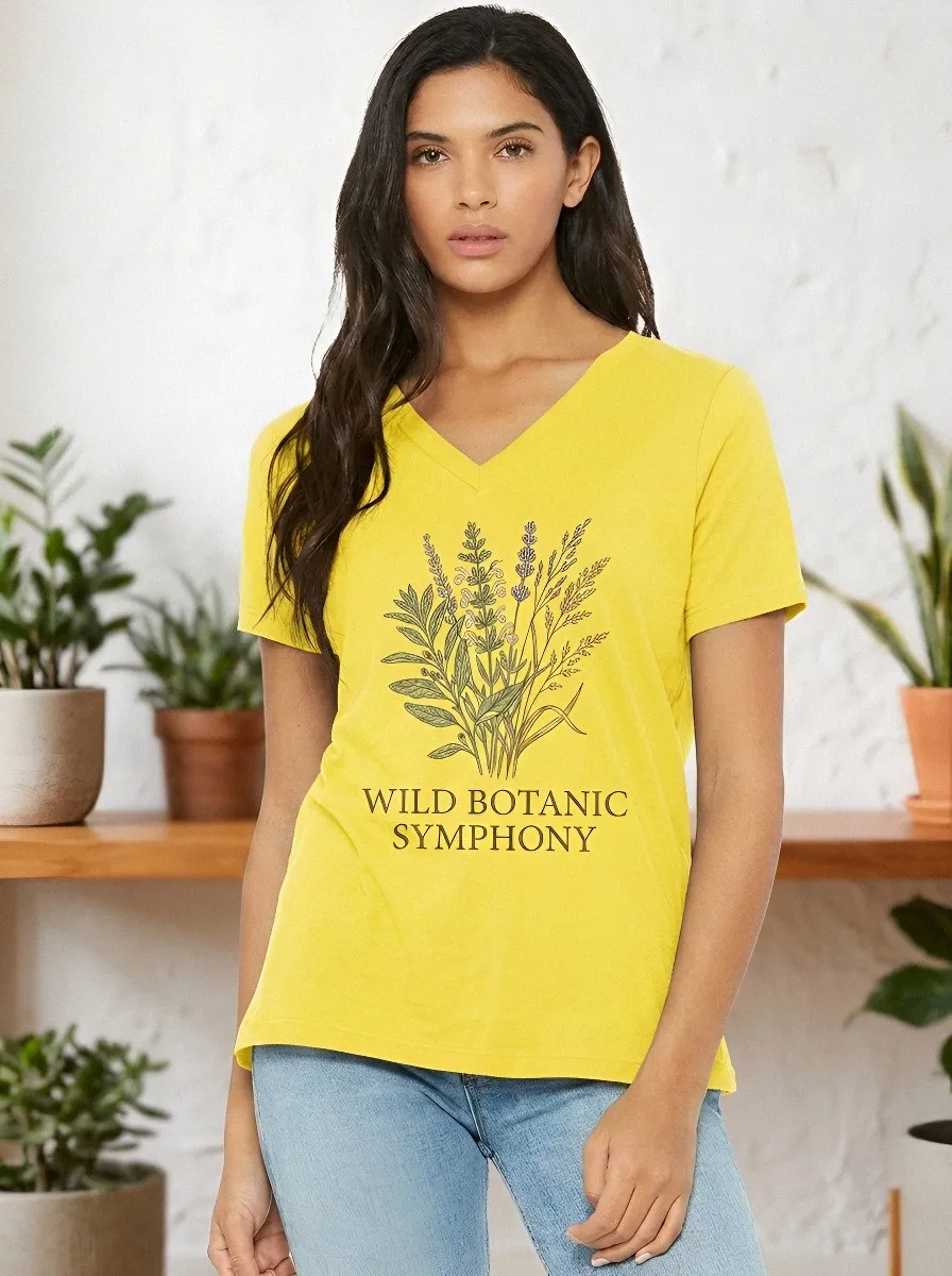 Women's Nature Lover Wild Botanic Symphony Floral Printed V-neck T-shirt
