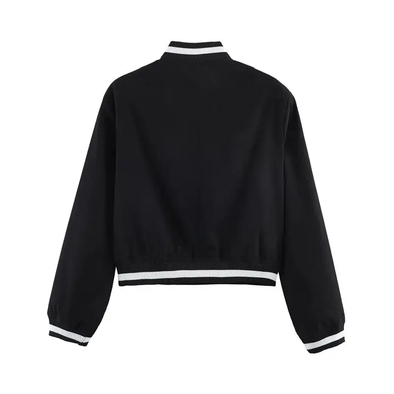 Varsity Cropped Snap Front Ribbed Trim Bomber Jacket