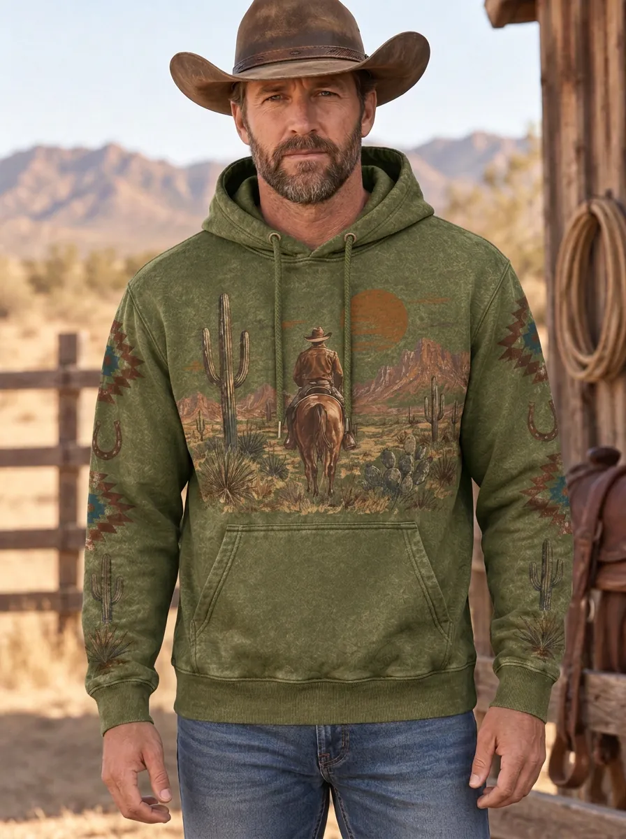 Men's Vintage Inspired Western Cowboy Cactus Desert Graphic Hoodie