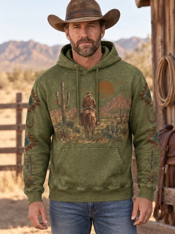 Men's Vintage Inspired Western Cowboy Cactus Desert Graphic Hoodie
