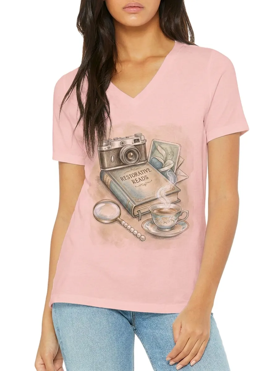 Women's Book Lover Restorative Reads Camera Coffee Printed V-neck T-shirt
