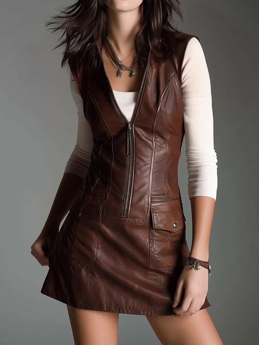 Chocolate Brown Eco Leather Zip Front Mini Dress With Utility Pockets