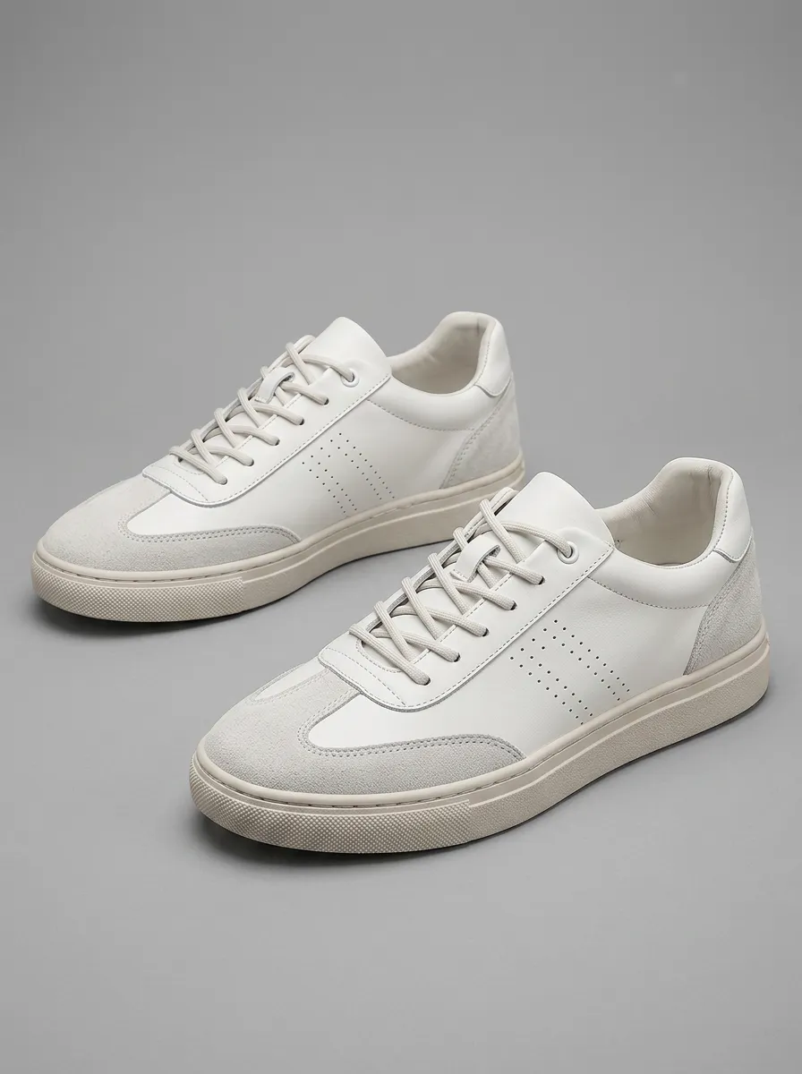 Men's Minimalist White Perforated Suede Leather Casual Sneakers