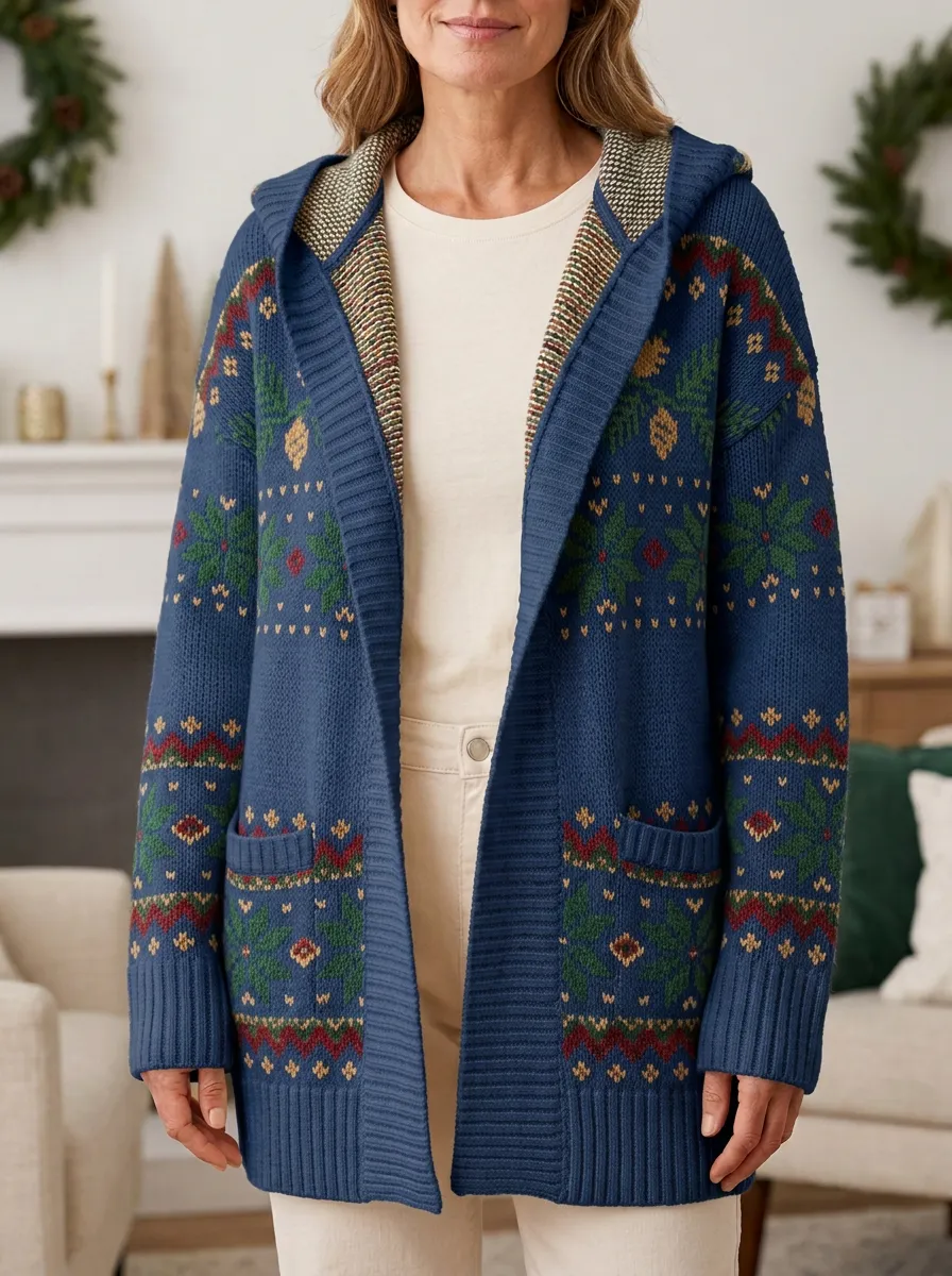Winter Christmas Snowflake Pinecone Pattern Knit Hooded Cardigan