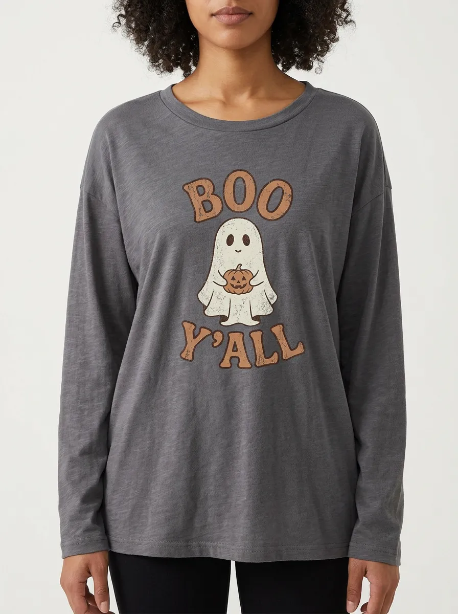 Women's Halloween Boo Y'all Ghost Pumpkin Printed Long Sleeve T-shirt