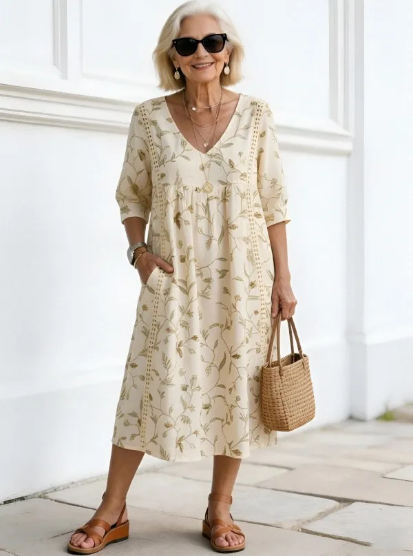 Women's Summer Vacation Floral Vine Printed Midi Dress