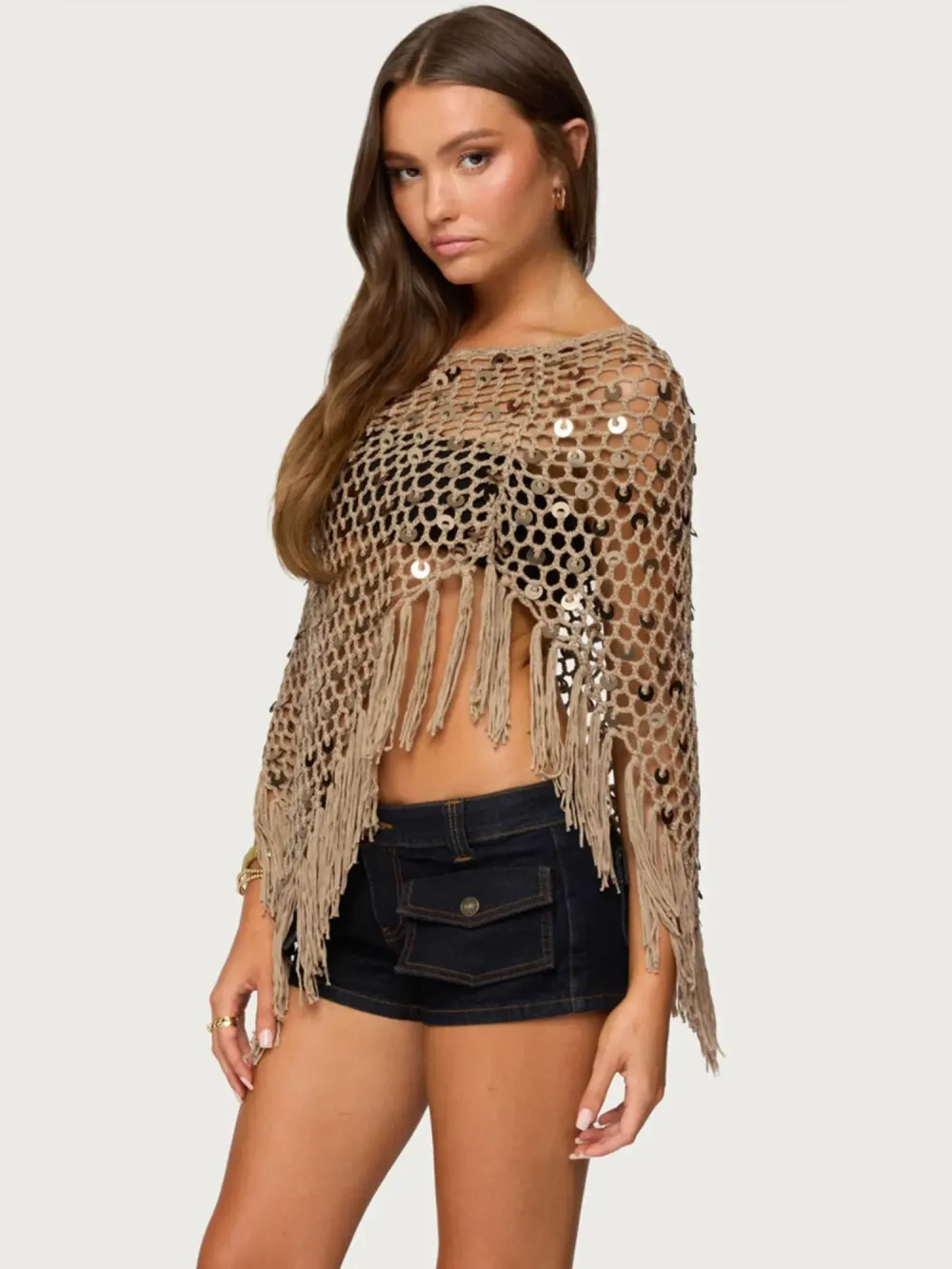 Sienna Beige Fishnet Crochet Fringe Poncho Cover Up