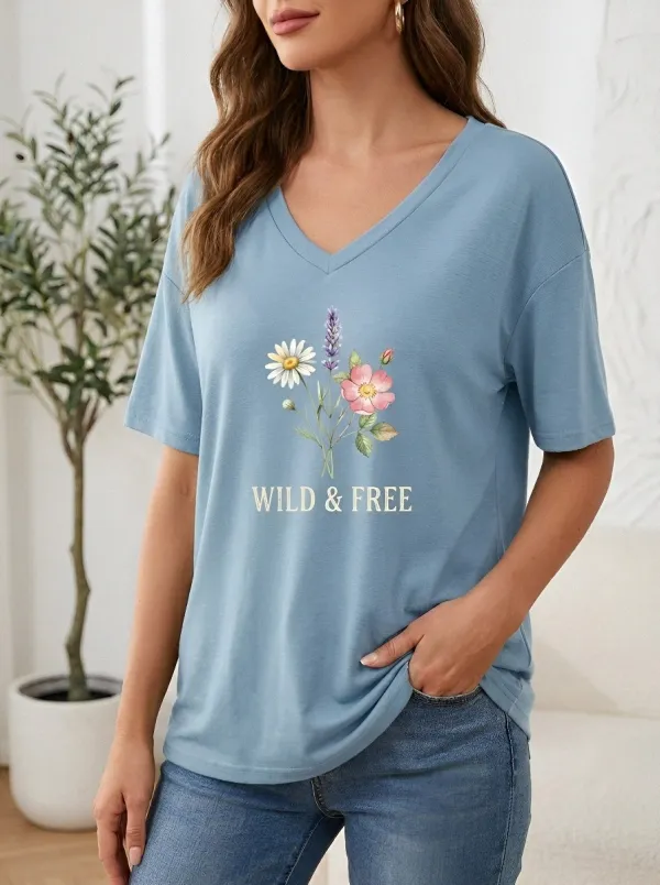 Women's Wild & Free Floral Bouquet Printed V-Neck T-shirt