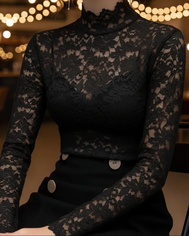 Spring Lace High-Neck Blouse