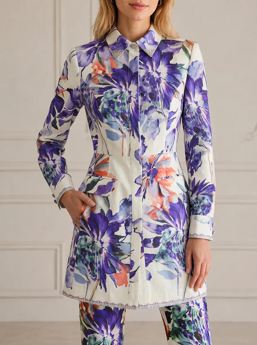 Women's Floral Art Purple Watercolor Printed Jacket