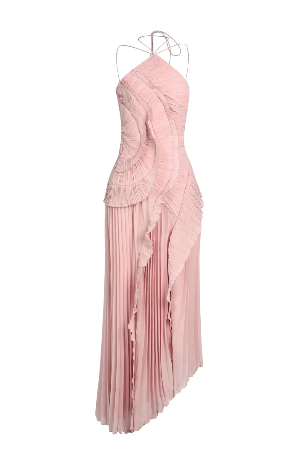 Pleated Frill Halter Neck Midi Dress