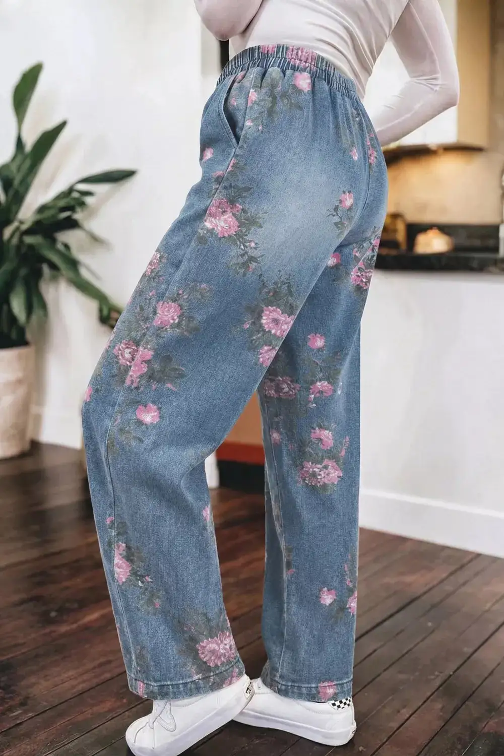 Women' High Waisted Floral Print Wide Leg Elastic Waist Jeans
