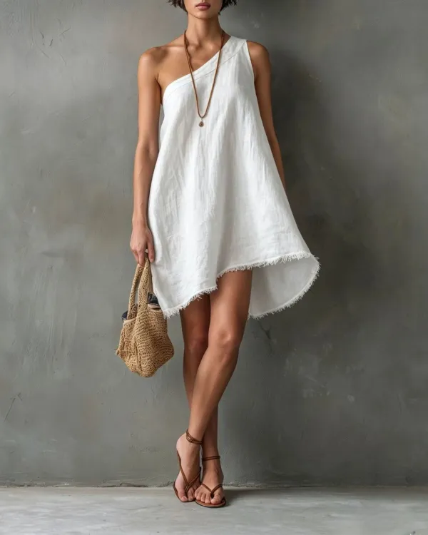 One-Shoulder Sleeveless Frayed Hem Mini Dress