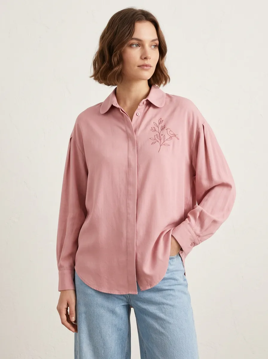 Women's Nature Lover Bird and Branch Printed Pink Shirt