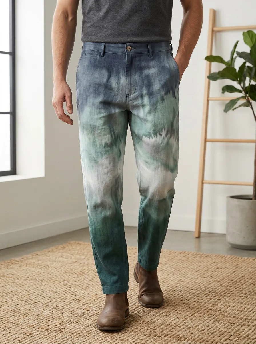 Men's Casual Style Green Tie-Dye Printed Pants
