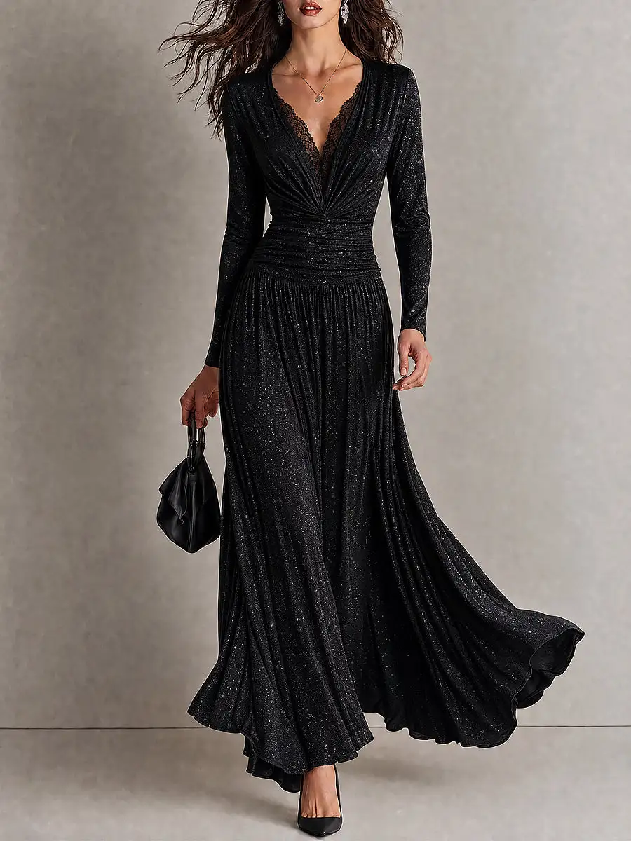 Vintage Lace Trim Shiny Maxi Dress With Pleated Waist