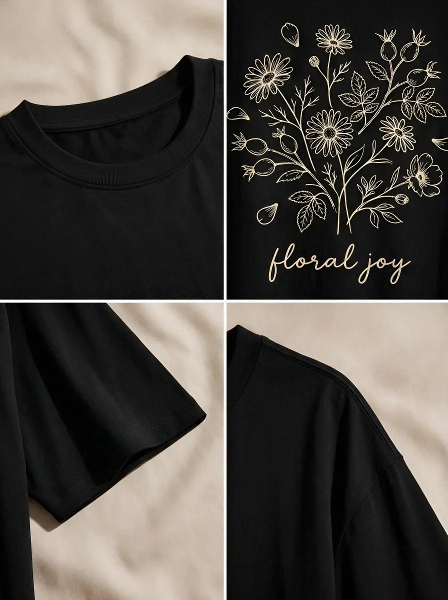 Women's Nature Lover Floral Joy Botanical Line Art Printed T-shirt