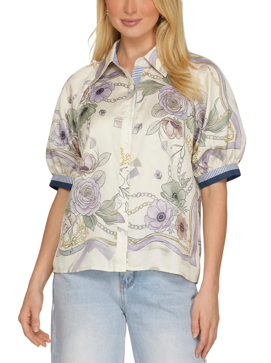 Women's Floral Chain Pattern Printed Button Down Shirt