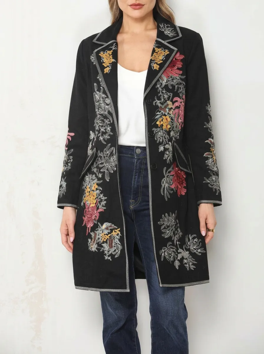 Women's Vintage Floral Embroidery Printed Long Blazer Coat