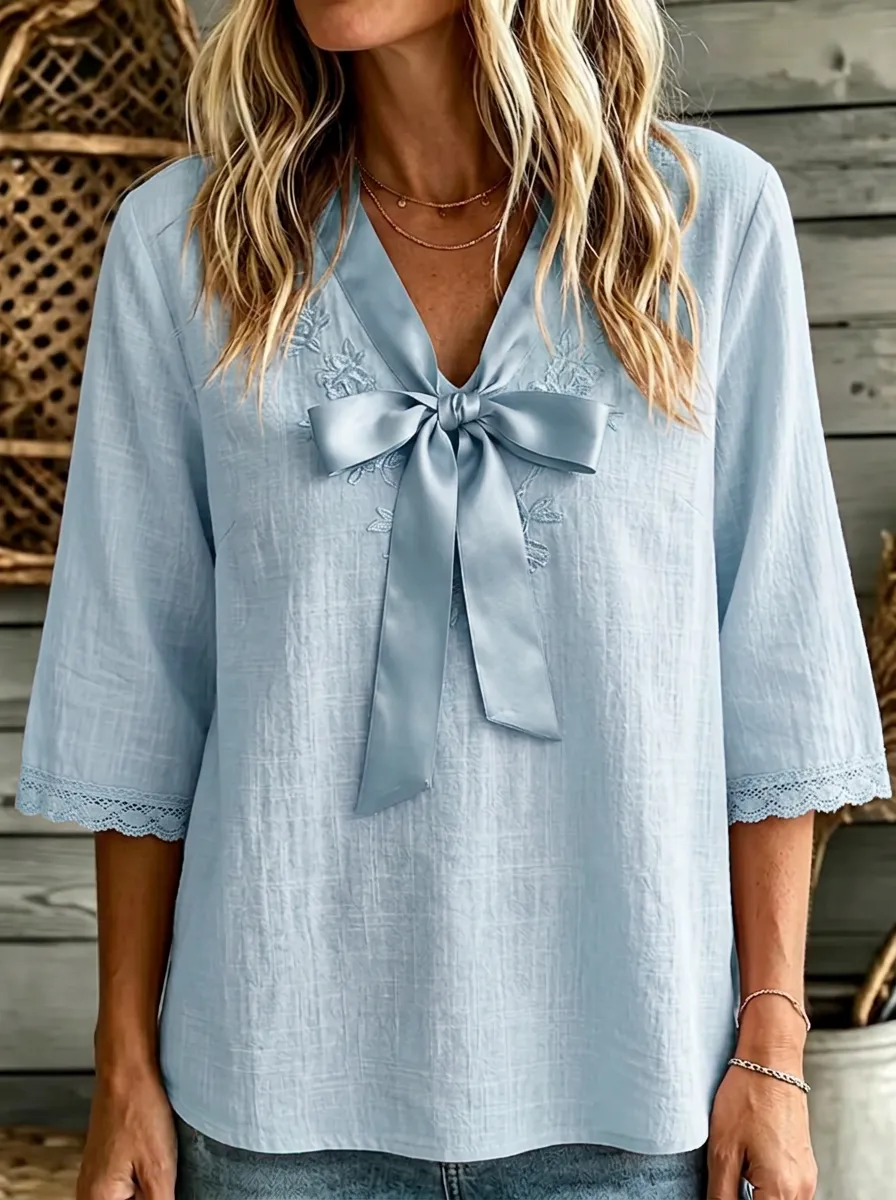 Women's Pink Bowknot Embroidered Lace Trimmed Top
