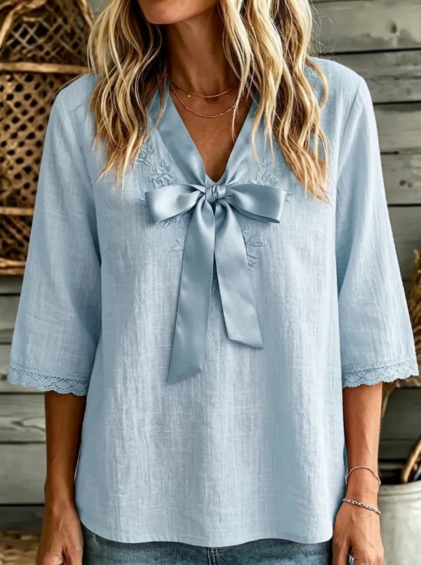 Women's Pink Bowknot Embroidered Lace Trimmed Top