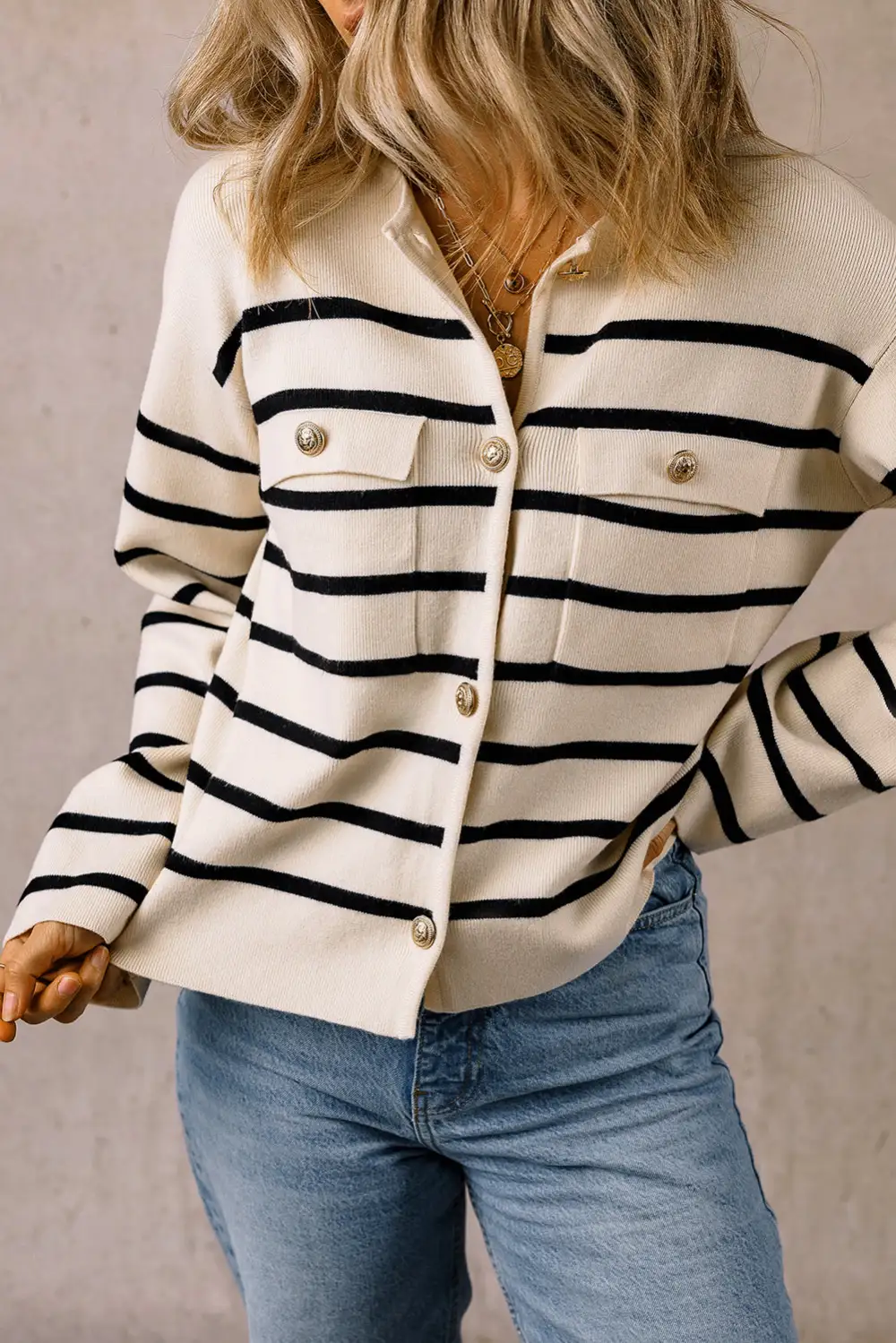 Easy Layer Striped Pocketed Button Front Cardigan