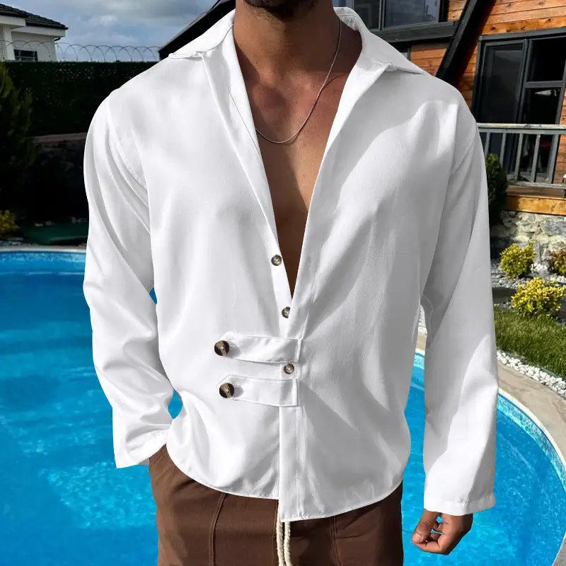 Men's Modern Long-sleeved Shirt With Deep Neckline And Asymmetrical Strap Look