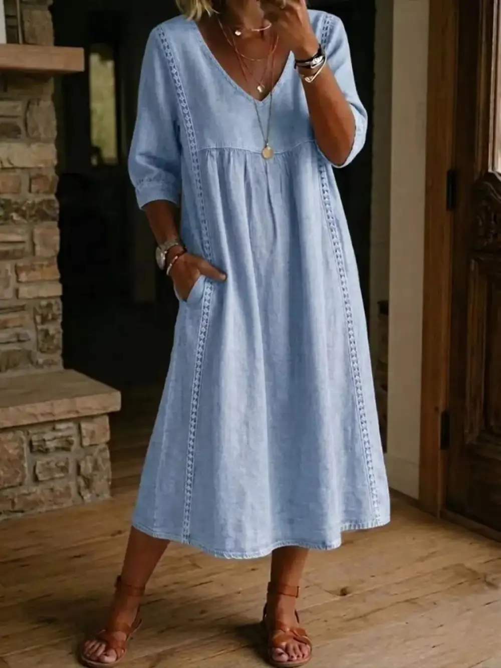 V-Neck Three-Quarter Sleeve Midi Dress