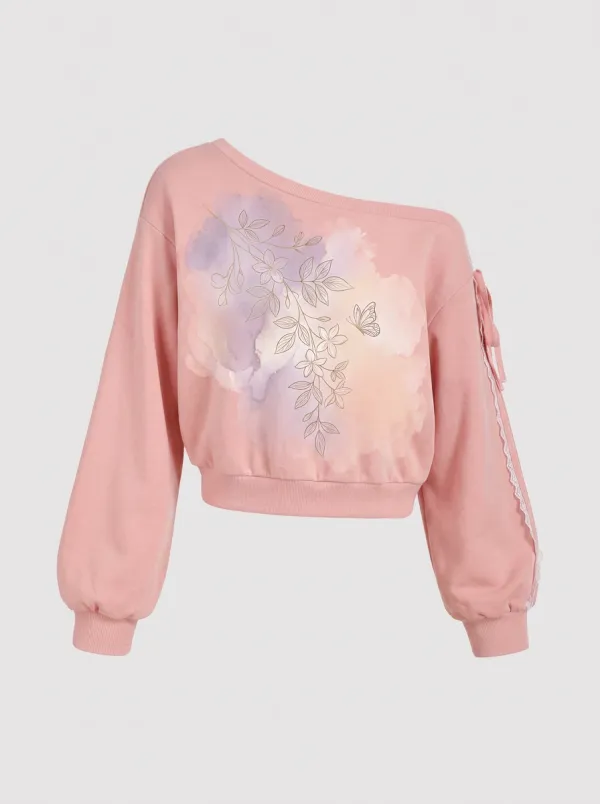 Women's Floral Butterfly Watercolor Printed One-Shoulder Sweatshirt