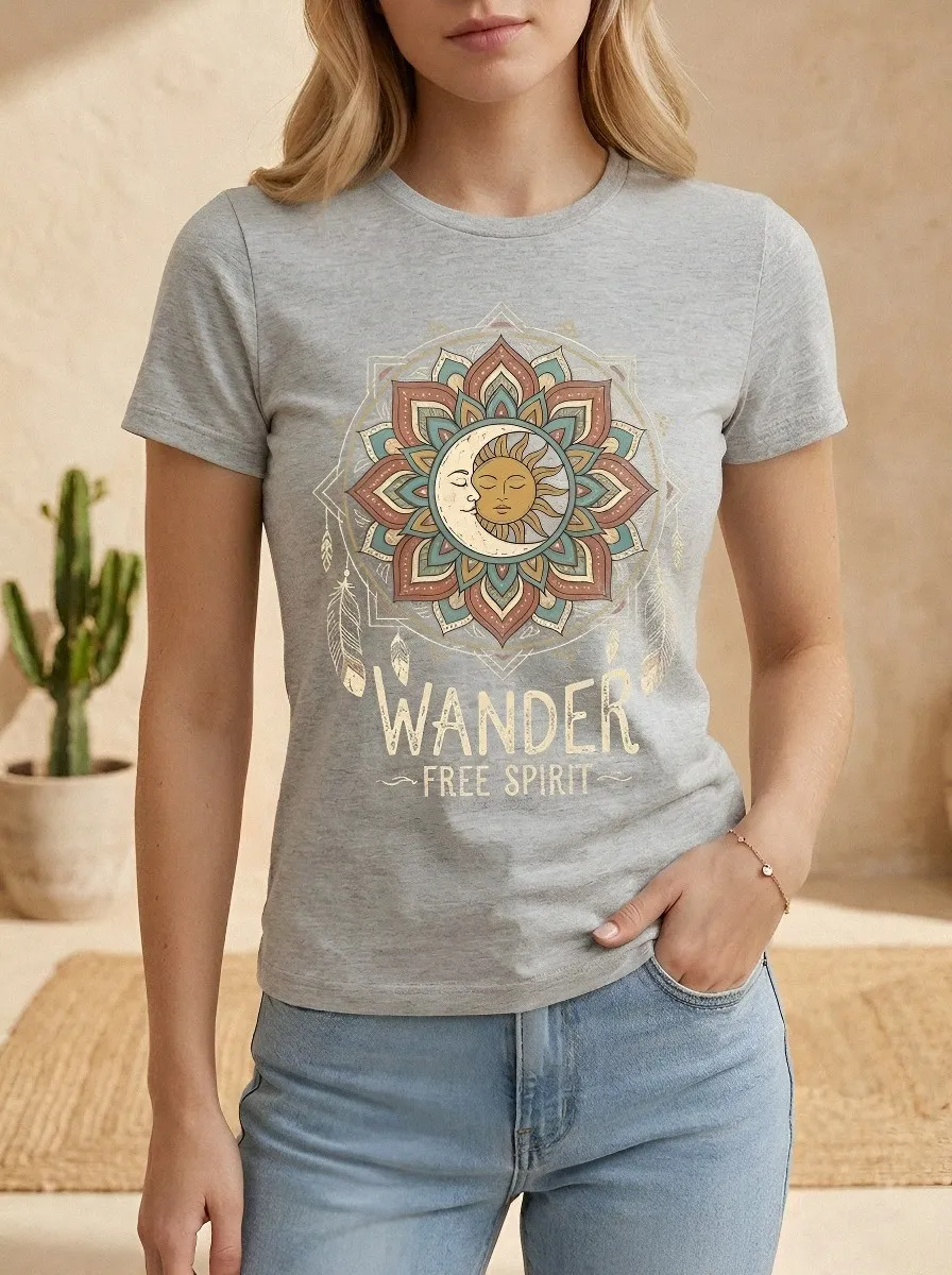Women's Boho Wander Free Spirit Sun Moon Mandala Printed T-shirt