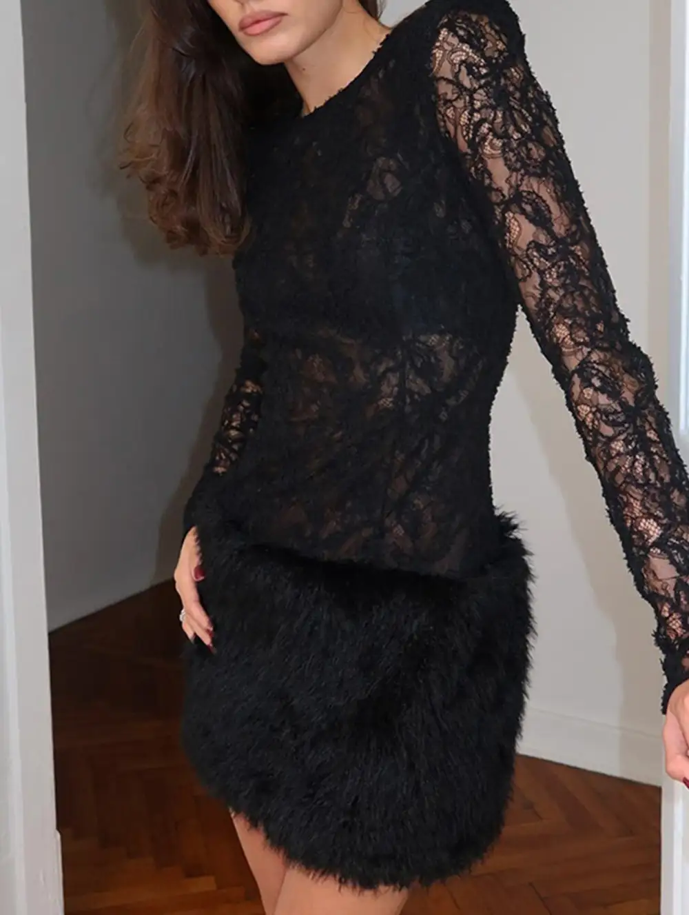 Lace Patchwork Fuzzy Bodycon Mini Dress