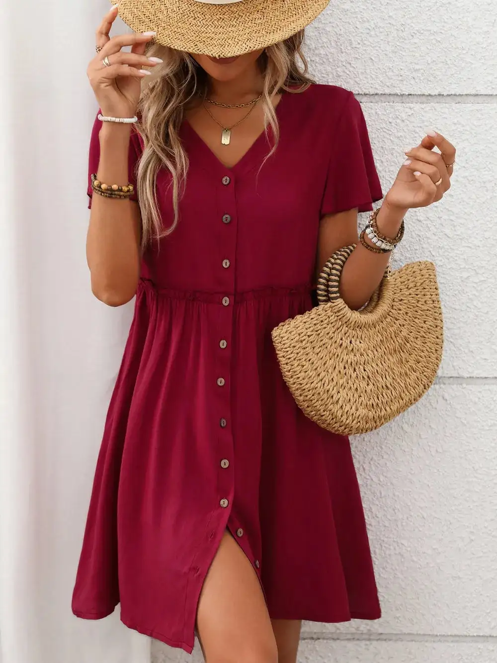 Flutter Sleeve Button Front Dress