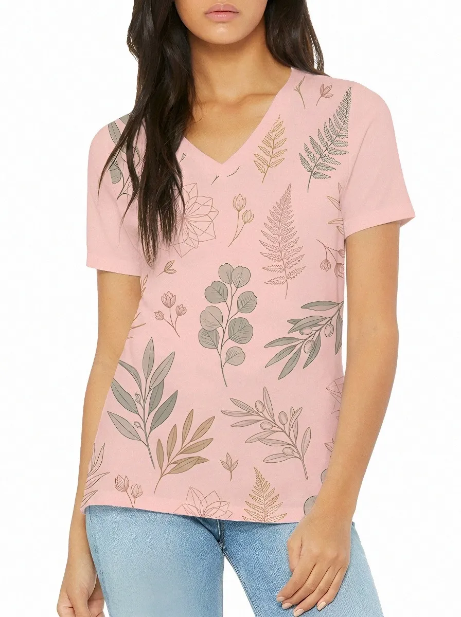 Women's Botanical Nature Lover Fern Eucalyptus Printed V-neck T-shirt