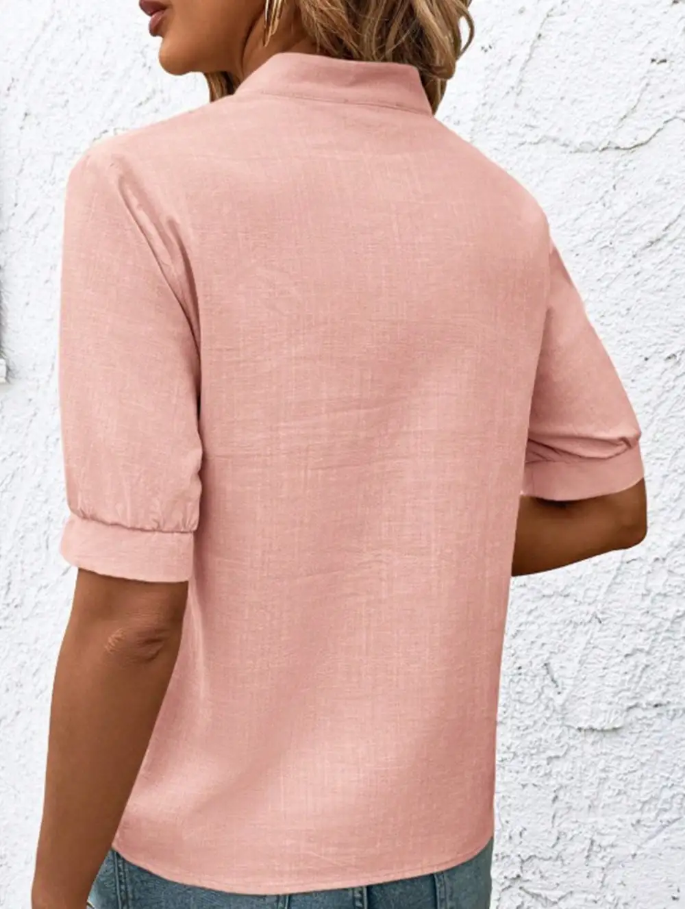 V Neck Embroidered Cotton Short Sleeve Blouse