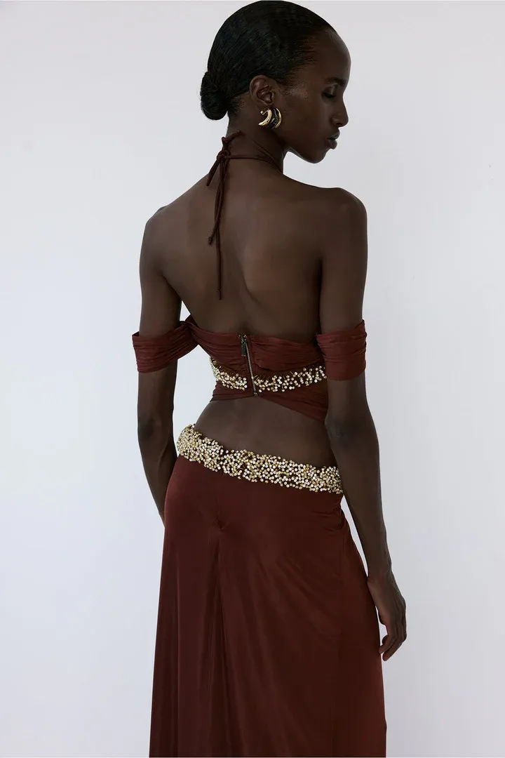 Esme Brown Halter Ruched Maxi Dress